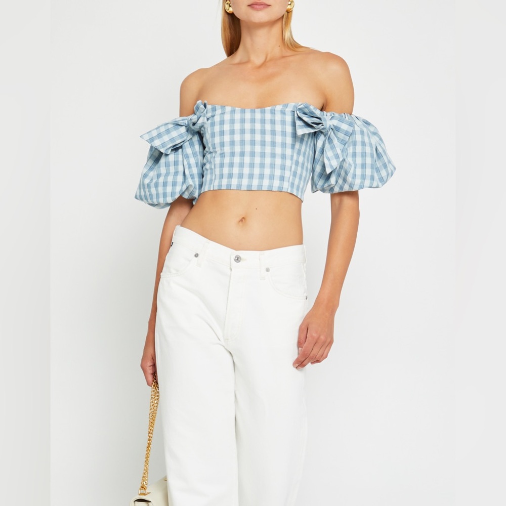 SOLD Kourt NWT Few Moda Petra Blue Gingham Off-Shoulder Cropped Top